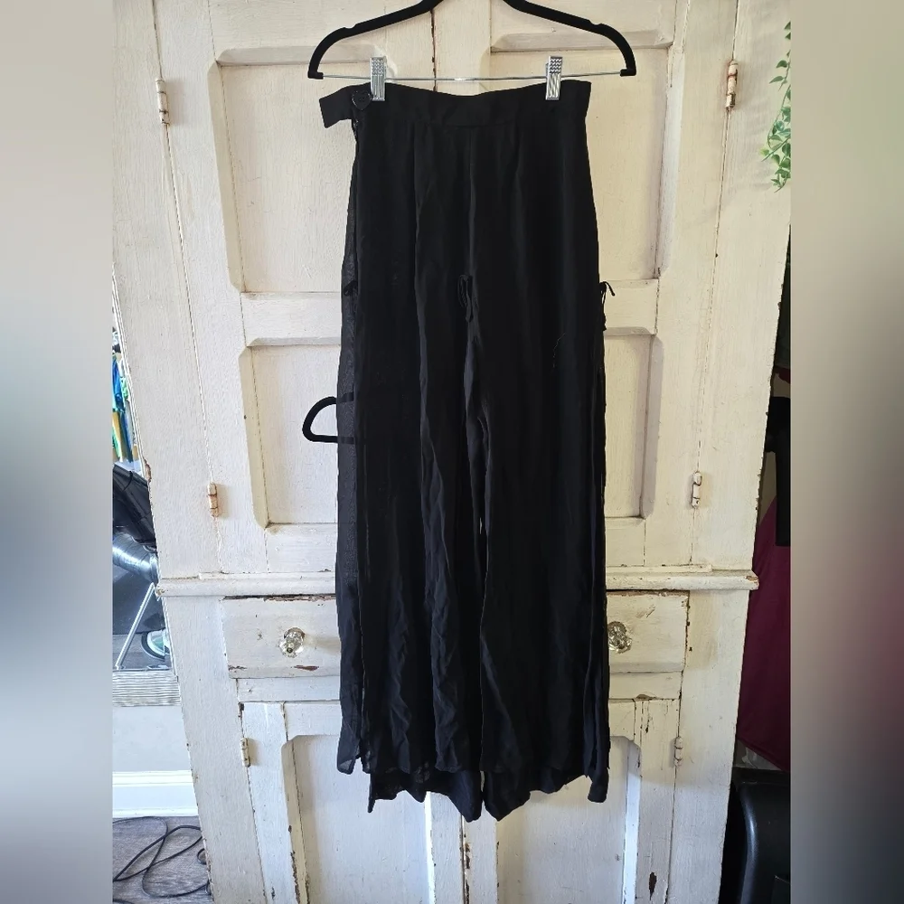 Sheer Black Swim Coverup Pants Cute Ties Down The Side Flowy Vacation Whimsygoth